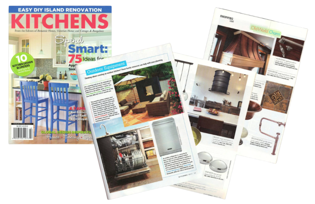 RU_Blog Images The RU_Blog Images feature a "KITCHENS" cover with blue barstools at a counter, plus pages displaying kitchen designs, outdoor equipment, appliances, decor, and hardware.