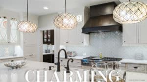 Raw Urth custom metal range hood in a modern kitchen with the word "Charming" on the bottom