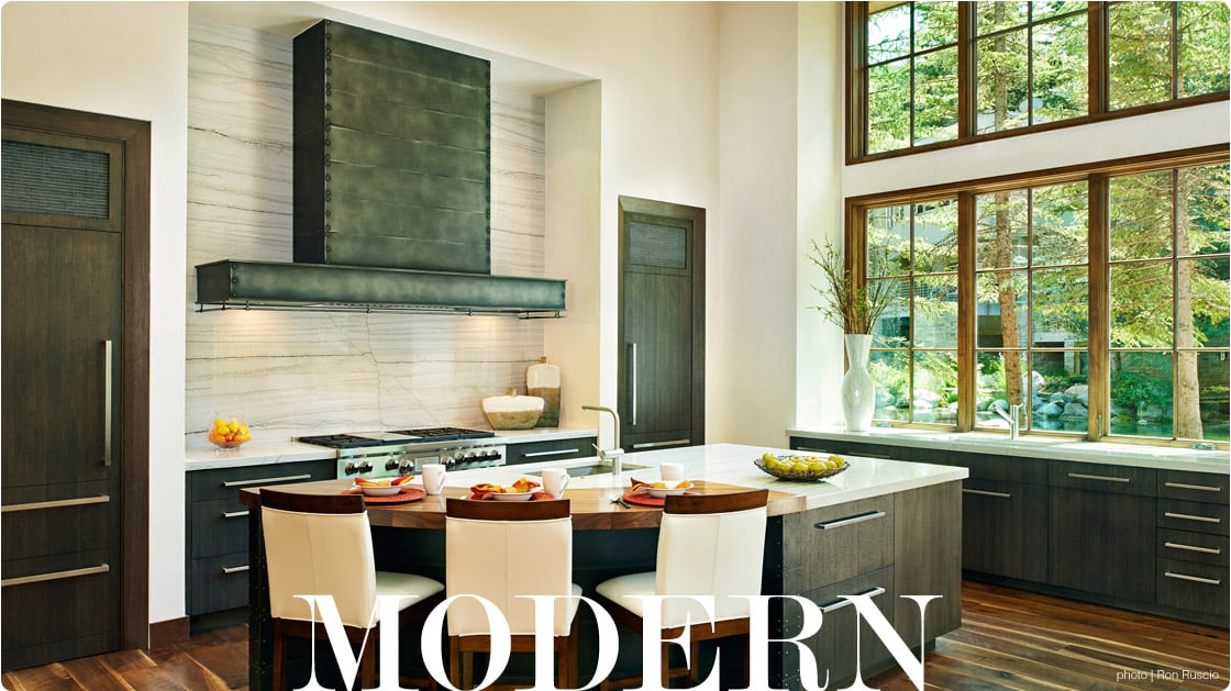 modern kitchen with leadville range hood in antique steel patina