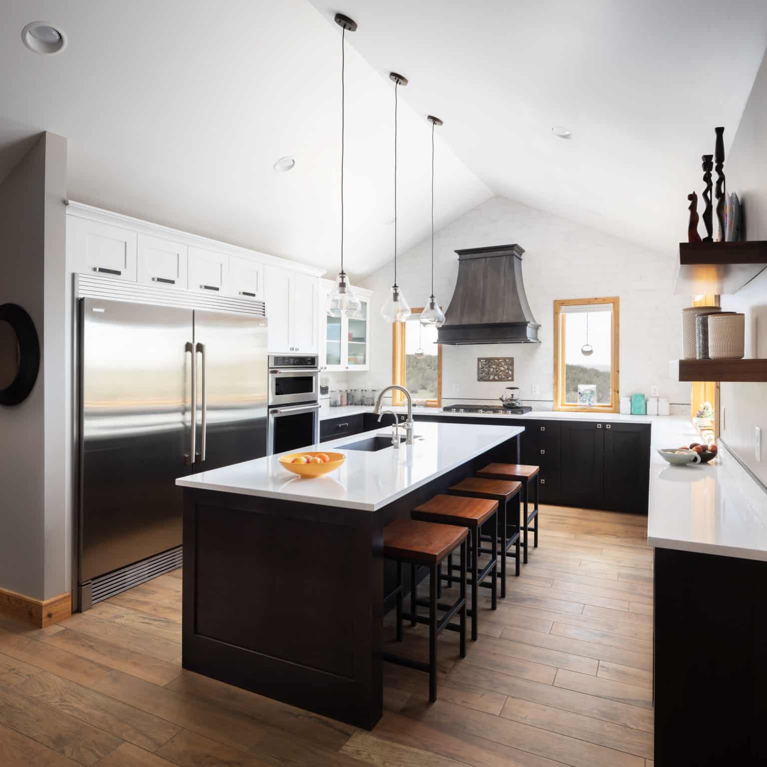 Metal Range Hood With Vaulted Ceiling And Stainless Fridge | Raw Urth ...