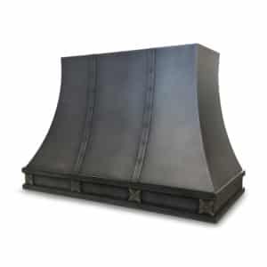 elegant and classic decorative exhaust hood in aged antique gray finish with brass details