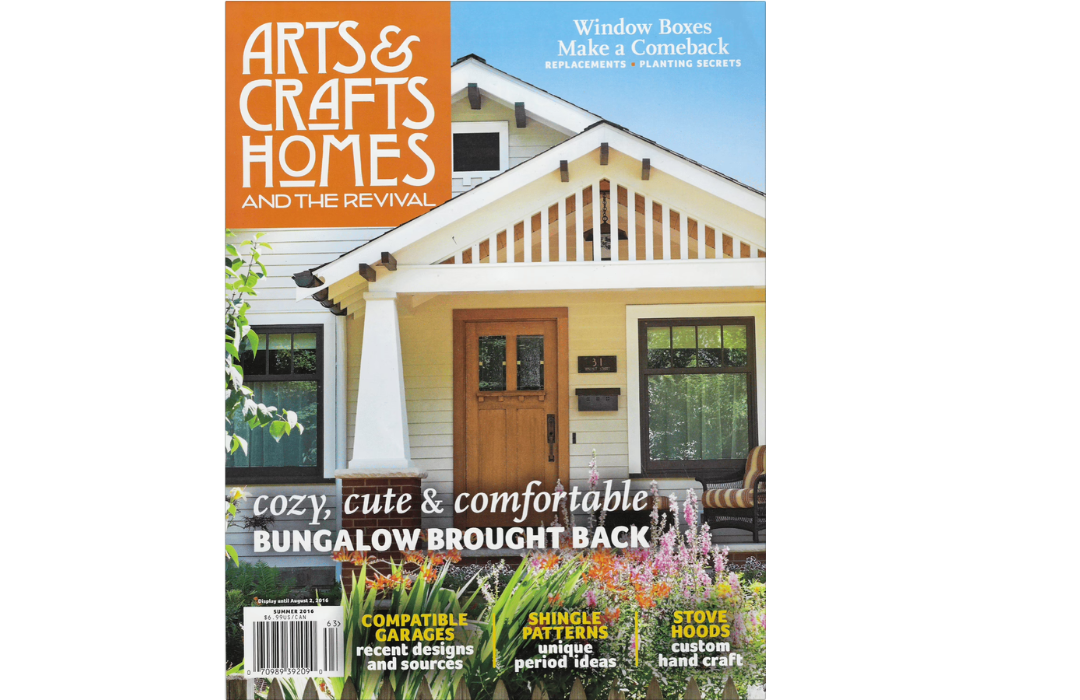 Cover of Arts and Crafts Homes In The Press magazine featuring a white Craftsman bungalow with wooden door, porch, and garden. Headlines spotlight bungalows, garages, shingle designs, stove hoods, and window boxes.