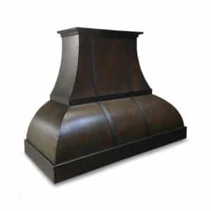 custom metal kitchen vent hood in oil rubbed bronze like finish with blackened details