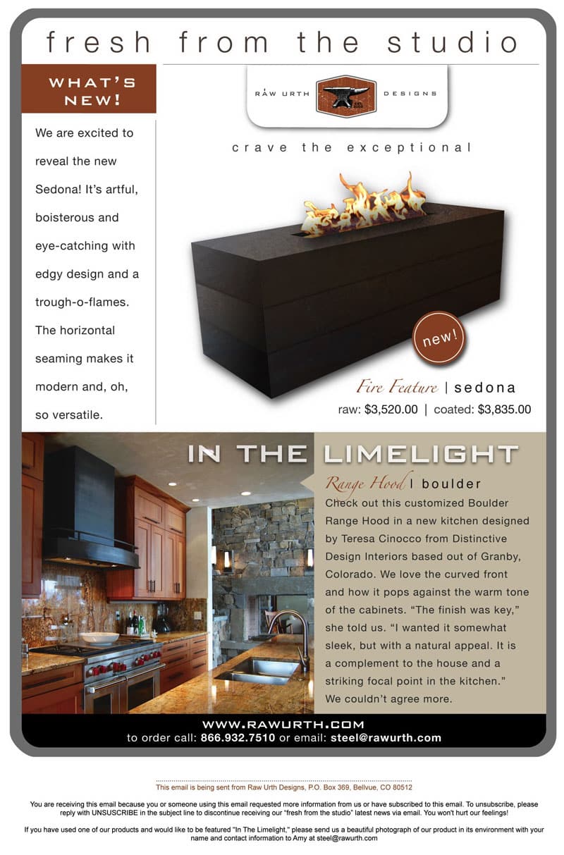 Fresh from the studio a display of our fire features, range hood and more.