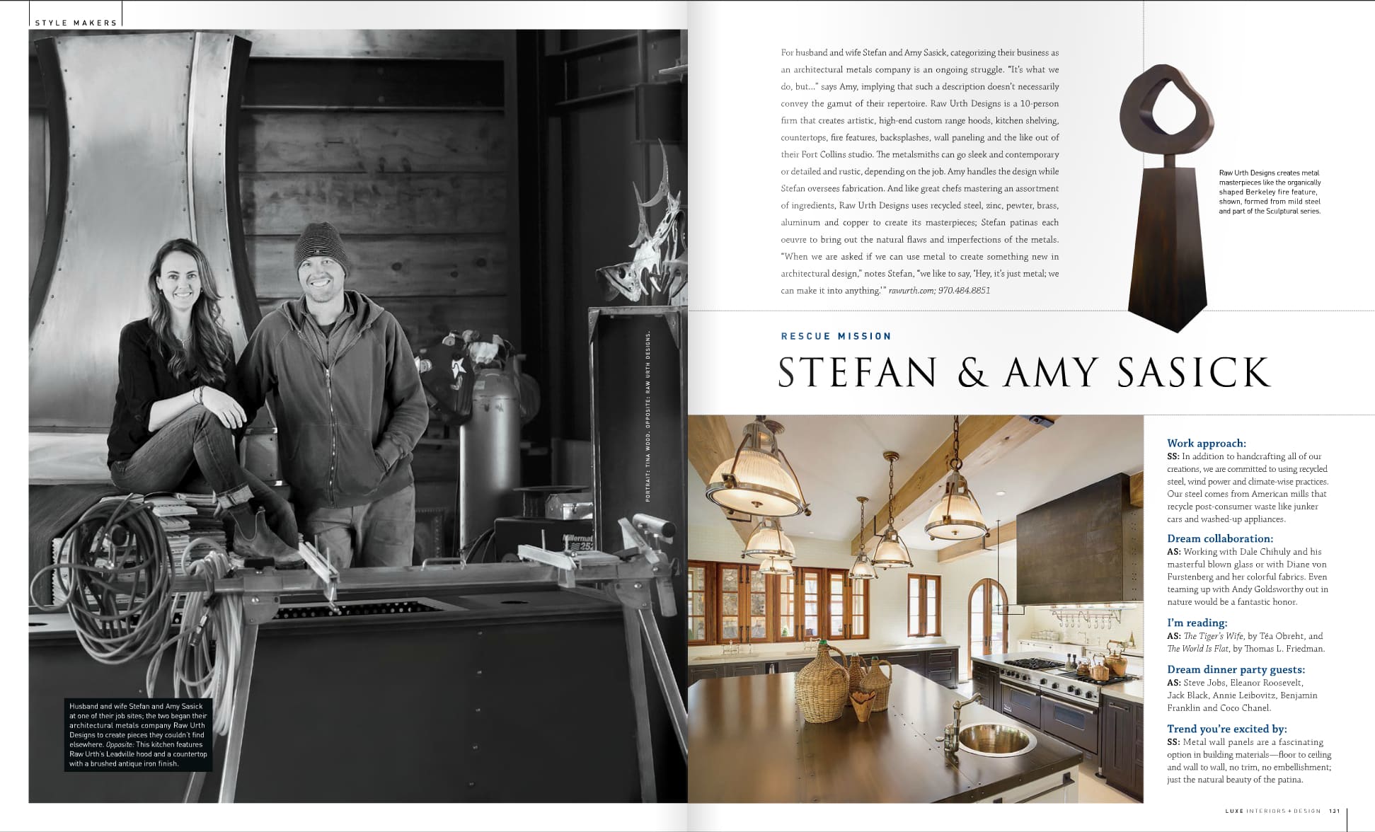 Luxe Magazine scan featuring amy and stefan with a fire feature and range hood