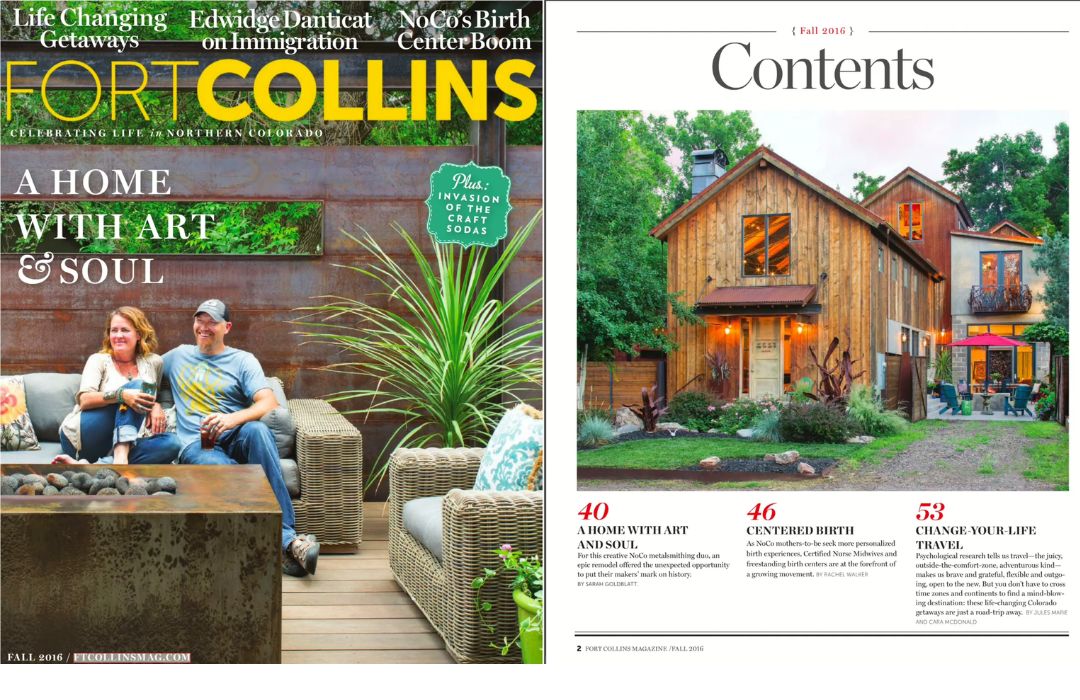 The blog-fortcollinsmagazine showcases the cover featuring a couple on a patio with the headline "A Home with Art & Soul." Nearby is the contents page displaying an image of a rustic, two-story wooden house amidst trees.