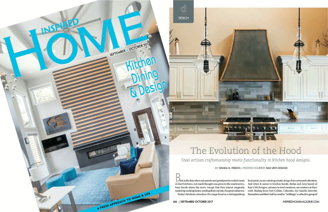 A two-page magazine spread showcases a modern living room with striped wood paneling and "Kitchen Dining & Design" text on the left, while the right features a kitchen and hood image accompanying an article titled "The Evolution of the Hood" in blog-inspiredhome.