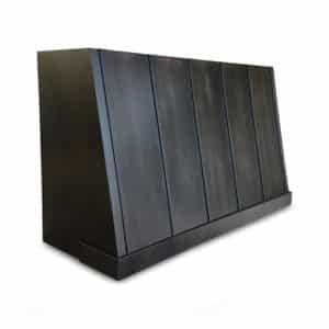 dark steel vent hood for under cabinets with standing seams in aged finish