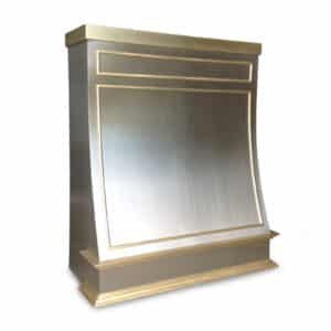 timeless and stunning custom kitchen hood in grained stainless with brass