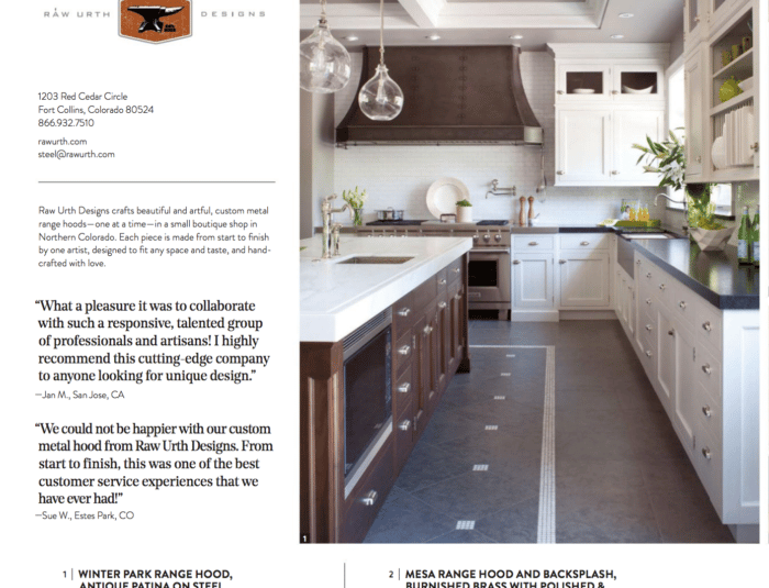 luxe interior shows our winter park with coved corners, hanging toolbar, elegant joint seams in our antique steel patina