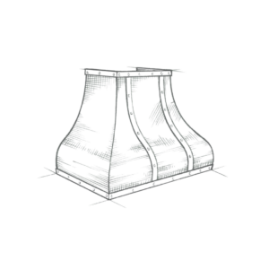 A sketch of the Bellvue, a metal object with curved and angular surfaces reminiscent of industrial machinery. It features rivets and textured shading for a vintage look.