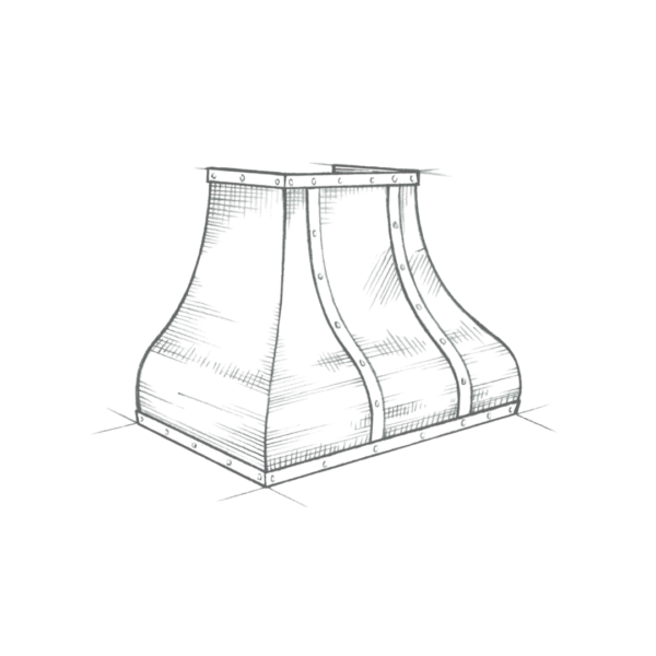 A sketch of the Bellvue, a metal object with curved and angular surfaces reminiscent of industrial machinery. It features rivets and textured shading for a vintage look.