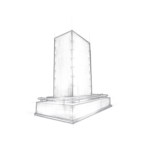 A sketch of a tall, modern skyscraper named Boulder, featuring detailed lines and shading that highlight its architectural design. The building rises from a broad base with a rectangular structure, all set against a plain black background.