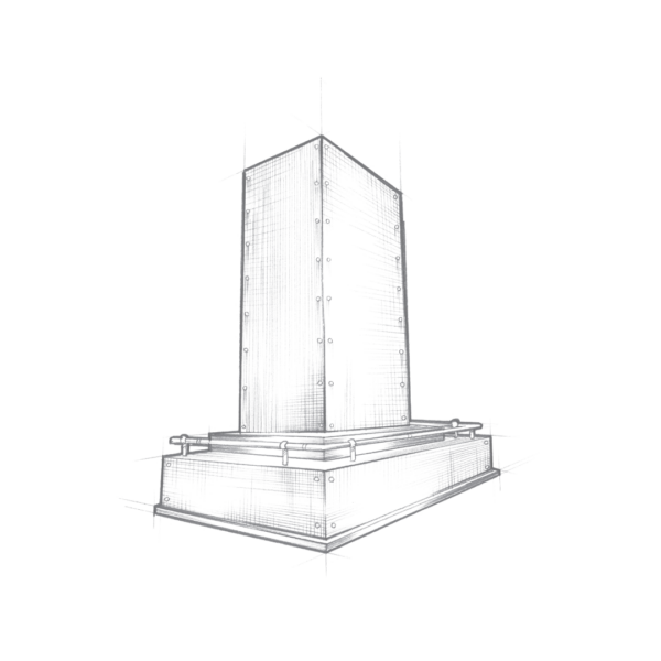 A sketch of a tall, modern skyscraper named Boulder, featuring detailed lines and shading that highlight its architectural design. The building rises from a broad base with a rectangular structure, all set against a plain black background.