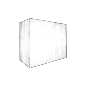 The product "Box" features a complex geometric wireframe cube with intricate line patterns that fluctuate in density, creating depth and dimension against a solid black background.