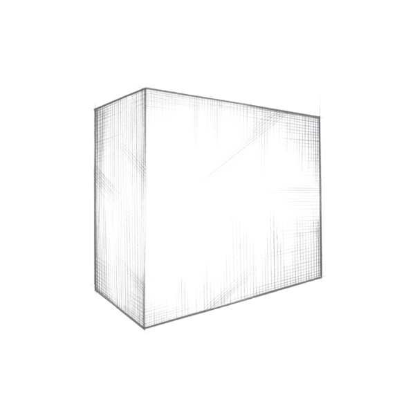 The product "Box" features a complex geometric wireframe cube with intricate line patterns that fluctuate in density, creating depth and dimension against a solid black background.