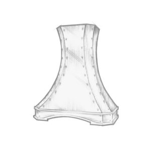 The Durango is a monochrome sketch of a tall, flared chimney hood featuring visible bolts and textured shading. Its curved design broadens at the bottom and slightly tapers towards the top.
