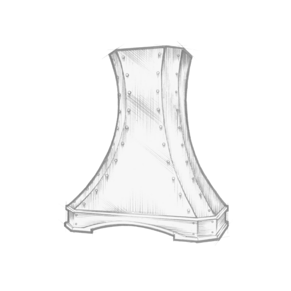 The Durango is a monochrome sketch of a tall, flared chimney hood featuring visible bolts and textured shading. Its curved design broadens at the bottom and slightly tapers towards the top.