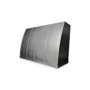 The EVG Aspen Refined FLOAT is a sleek, curved metallic ventilation hood with a matte finish and vertical panel divisions against a plain black background, highlighting its modern, minimalist design.