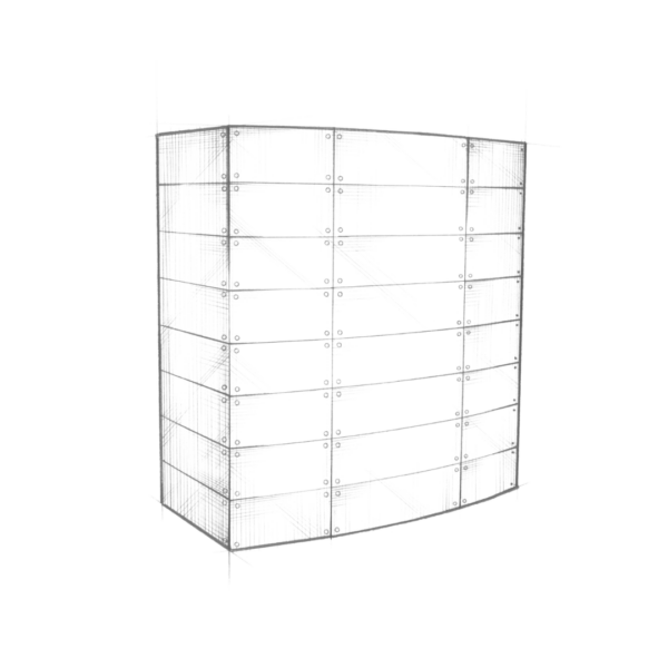 The Gunnison is a digital wireframe illustration of a multi-story building, featuring a skeletal structure with vertical and horizontal lines. The design stands out in white against a black background, emphasizing its angular form.