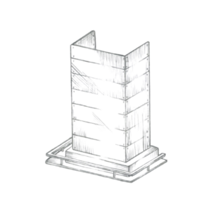 The Leadville is a detailed architectural sketch of a tall, abstract modern sculpture with rectangular layers and open spaces, set on a tiered base against a solid black background.