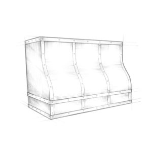Artistic depiction of vintage-style Masonville bench showcasing three angled seats and high backs. Textured shading highlights the craftsmanship and contours, with front panels detailed by vertical lines.