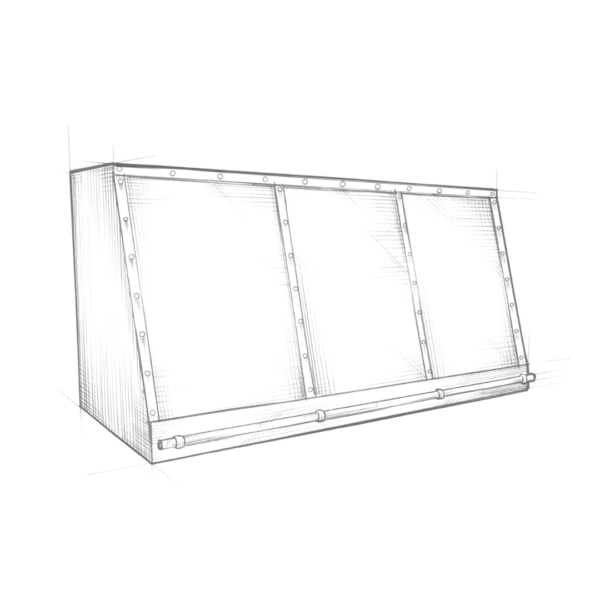 The Mesa is an abstract 3D wireframe of a rectangular object with intricate geometric patterns and three connected panels, showcasing its technical and skeletal design with lines extending from the edges against a black background.