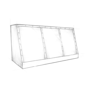 A pencil sketch of Mesa1, a large rectangular metal-framed display case with three clear front panels, visible rivets along the frame edges, and resting on a flat surface.