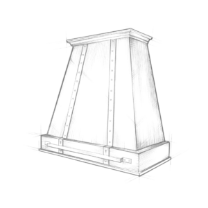 The Vail features a sketched illustration of a 3D trapezoidal structure with detailed lines and dots. Its frame has intersecting diagonal and vertical lines, offering a geometric look with star-like accents at the corners, set against a black background.