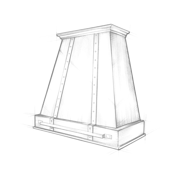 The Vail features a sketched illustration of a 3D trapezoidal structure with detailed lines and dots. Its frame has intersecting diagonal and vertical lines, offering a geometric look with star-like accents at the corners, set against a black background.