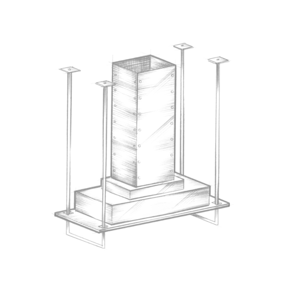 A technical illustration of the Wash Park structural framework shows a central rectangular column intersected by horizontal and vertical lines, with four vertical supports at the corners linked by horizontal beams.