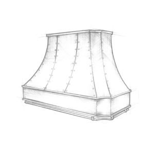 The Winter Park range hood features a trapezoidal shape and rivet detailing, offering a vintage industrial look. The sketch highlights lines and shading to emphasize its elegant architectural design.