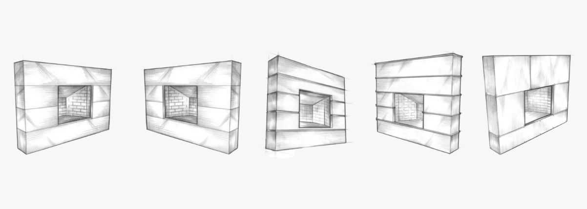 A series of five monochrome sketches titled "Cladding" depicts geometric, 3D structures with recessed, rectangular openings. The designs showcase various perspectives and shading, emphasizing the depth and angular features of each structure.