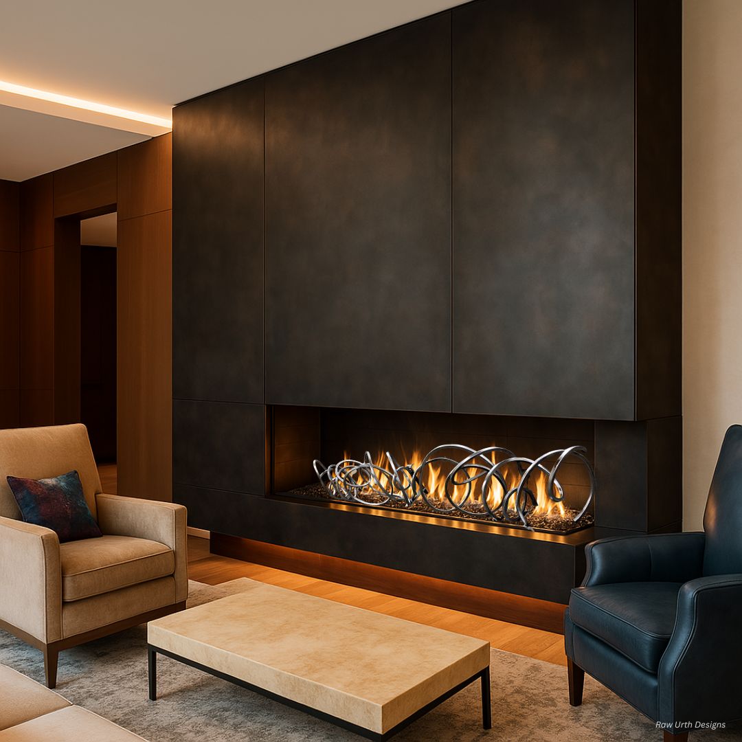 Custom GALLERY-4 A modern living room showcases the Custom GALLERY-4, a sleek fireplace with artistic metalwork and flames. It's flanked by a beige armchair and dark leather chair, centered around a minimalist rectangular coffee table.