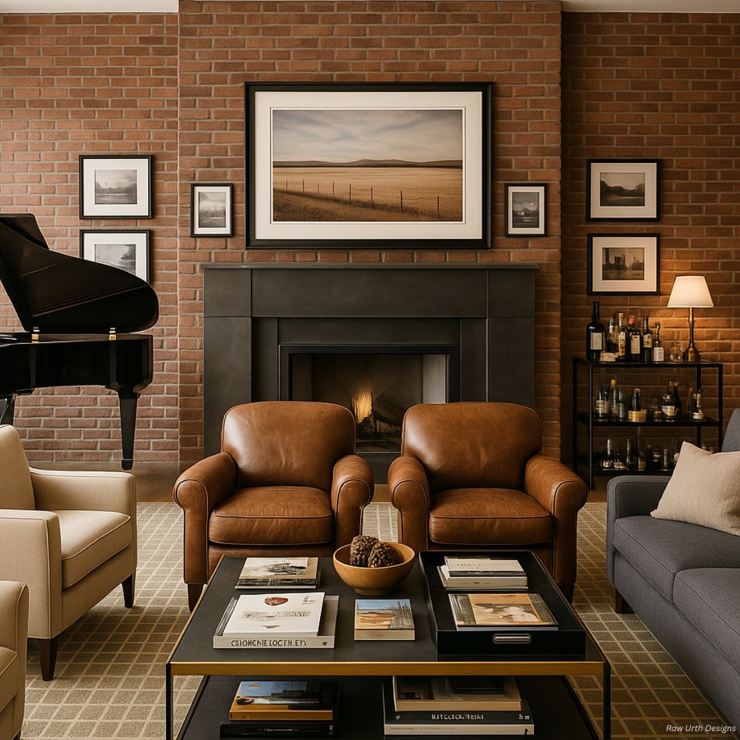 DoorsScreen 1-2 A cozy living room featuring a brick wall, fireplace, and framed art. Brown leather chairs, cream armchair, gray sofa, and black grand piano circle a coffee table with books. DoorsScreen 1-2 is near shelves with bottles and a lamp on the right.
