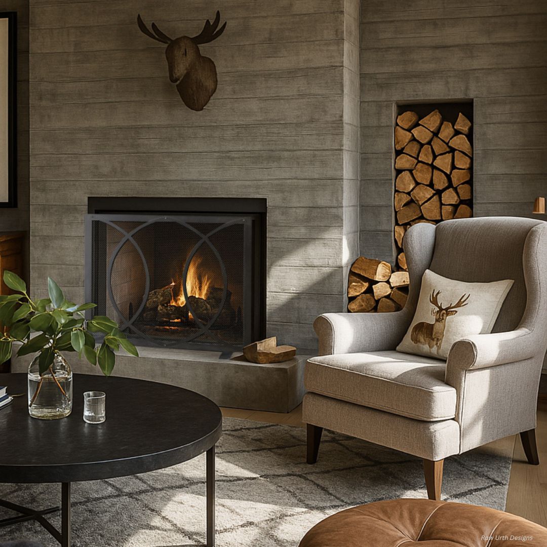 DoorsScreen 3 A cozy living room with a lit fireplace, beige armchair, round black coffee table, stacked firewood, and a decorative deer head above the mantel is complemented by the stylish DoorsScreen 3.