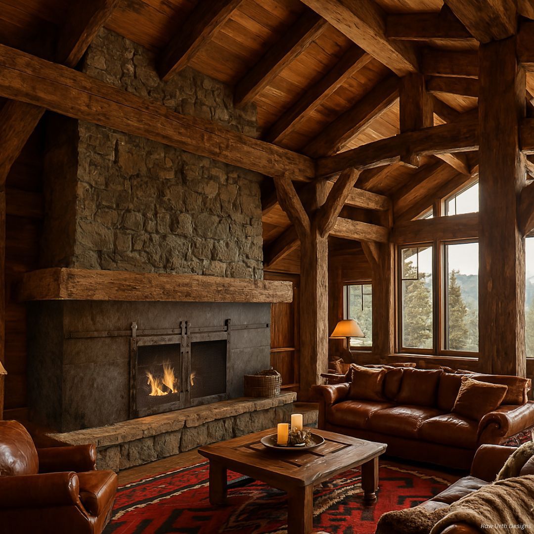 Doors_Screen 2 A cozy log cabin living room with exposed beams, a stone fireplace, leather sofas, a wooden coffee table, and a red rug. Warm lighting fills the space and large Doors_Screen 2 show a view of trees outside.