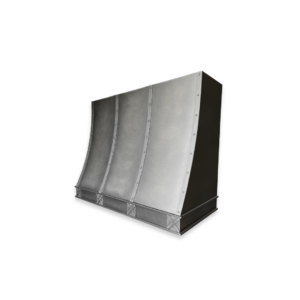The EVG Avon Classic FLOAT is a large, industrial metal air duct with a curved design and riveted joints, set against a black background. The surface is smooth and metallic, exhibiting a slight sheen.