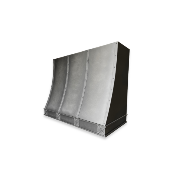 The EVG Avon Classic FLOAT is a large, industrial metal air duct with a curved design and riveted joints, set against a black background. The surface is smooth and metallic, exhibiting a slight sheen.