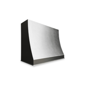 The EVG Avon Essential FLOAT is a sleek, modern range hood featuring a curved stainless steel front and black sides for efficient kitchen ventilation. Its minimalist design emphasizes clean lines and a smooth finish, set against a plain black backdrop.