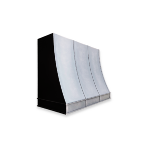 The EVG Avon Refined FLOAT is a modern ventilation hood with a sleek, curved design, matte black sides, and brushed metallic front panels. Its minimalistic structure is showcased against a plain black background.
