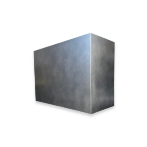 The EVG Box Essential FLOAT, a metallic rectangular prism with reflective, brushed surfaces, is displayed against a solid black background.