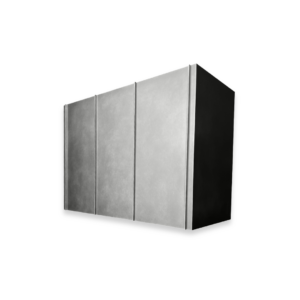 The EVG Box Refined FLOAT is a large, rectangular metallic unit with three vertical seams, resembling a modern industrial cabinet or server, shown isolated on a black background.