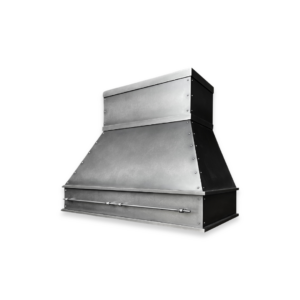 EVG Creed Refined FLOAT stainless steel kitchen range hood features a wide, angled design with visible bolts, shown isolated on a black background.
