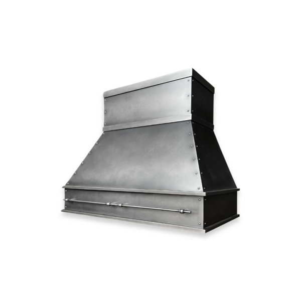 EVG Creed Refined FLOAT stainless steel kitchen range hood features a wide, angled design with visible bolts, shown isolated on a black background.