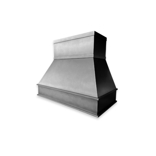 The EVG Creede Essential is a large, stainless steel range hood featuring a rectangular top and wide, angled base for kitchen ventilation, displayed against a plain black background.