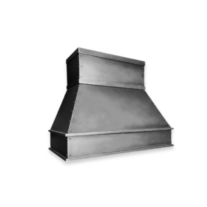 The EVG Creede Tailored FLOAT is a stainless steel commercial kitchen exhaust hood with a rectangular shape and riveted edges, shown isolated on a black background.