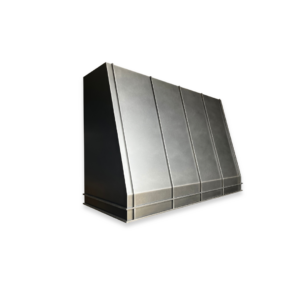 The EVG Mesa Refined FLOAT-2 is a large, metallic industrial ventilation hood featuring angled sides and vertical panels, shown isolated against a black background.