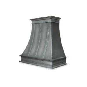 The EVG Montrose Classic FLOAT is a metal kitchen range hood featuring a brushed finish with curved sides and rivet details. Curved at the top and widening toward the base, it offers an elegant, modern design against a plain black background.