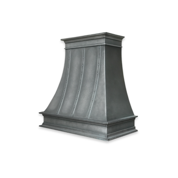 The EVG Montrose Classic FLOAT is a metal kitchen range hood featuring a brushed finish with curved sides and rivet details. Curved at the top and widening toward the base, it offers an elegant, modern design against a plain black background.